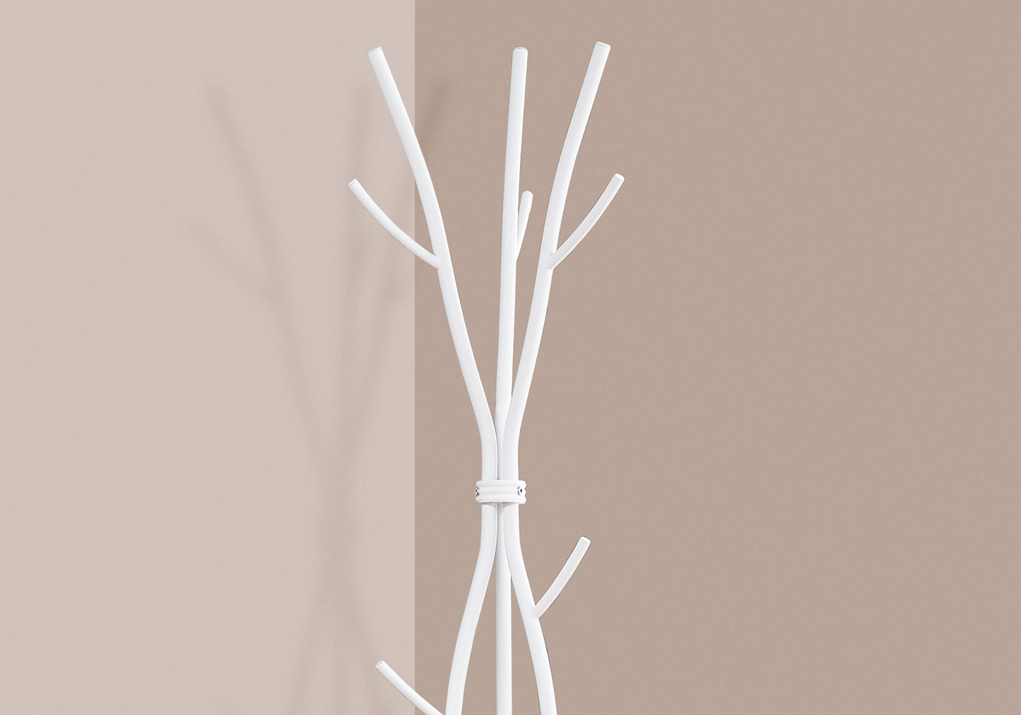 A contemporary white Hall Tree with 11 hooks stands against a wall divided into light beige and taupe, offering modern entryway storage.