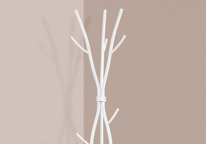 A contemporary white Hall Tree with 11 hooks stands against a wall divided into light beige and taupe, offering modern entryway storage.