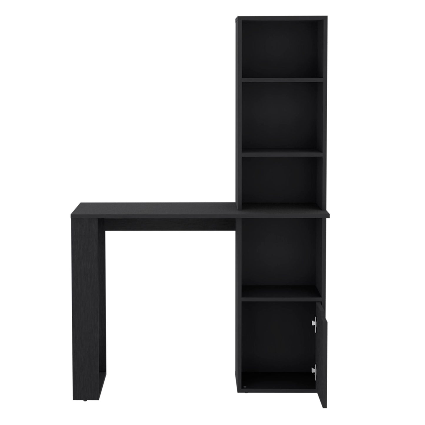 The Writing Desk With Bookcase And Cabinet - Black features an attached shelving unit on the right with three open shelves above the desk and a closed cabinet with hinged door below.