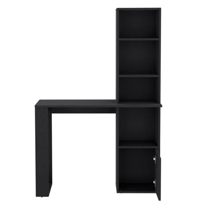 The Writing Desk With Bookcase And Cabinet - Black features an attached shelving unit on the right with three open shelves above the desk and a closed cabinet with hinged door below.