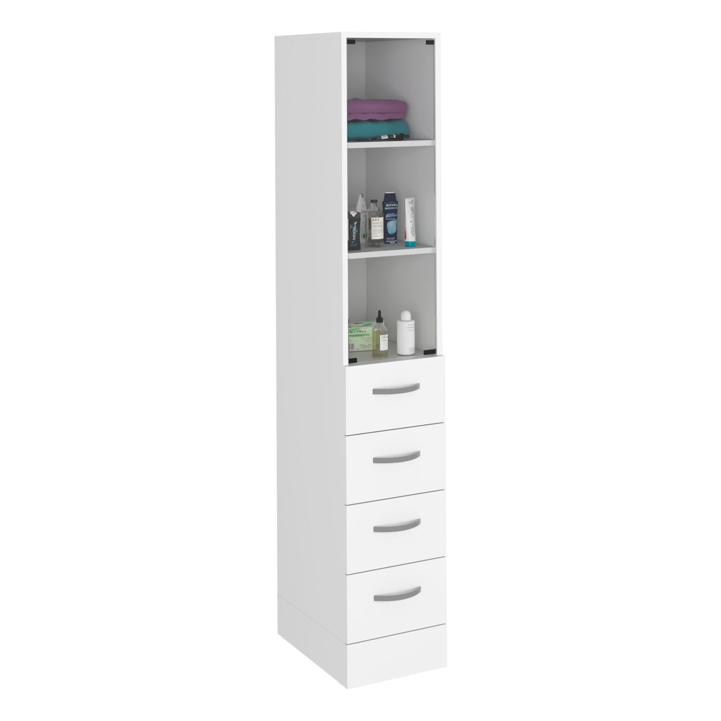 The Linen Cabinet in white features 3 shelves, 4 drawers with metal handles, and is perfect for storing folded towels, toiletries, and bottles.