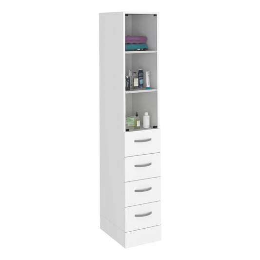 The Linen Cabinet in white features 3 shelves, 4 drawers with metal handles, and is perfect for storing folded towels, toiletries, and bottles.
