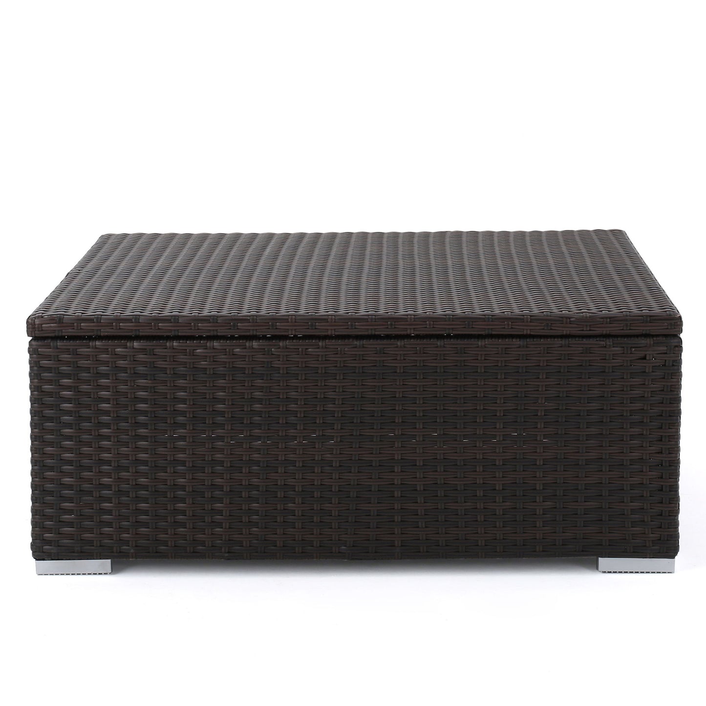 Santa Rosa - Storage Table: A rectangular outdoor coffee table featuring a dark brown woven rattan design, flat top, and short silver legs, shown against a plain white background.
