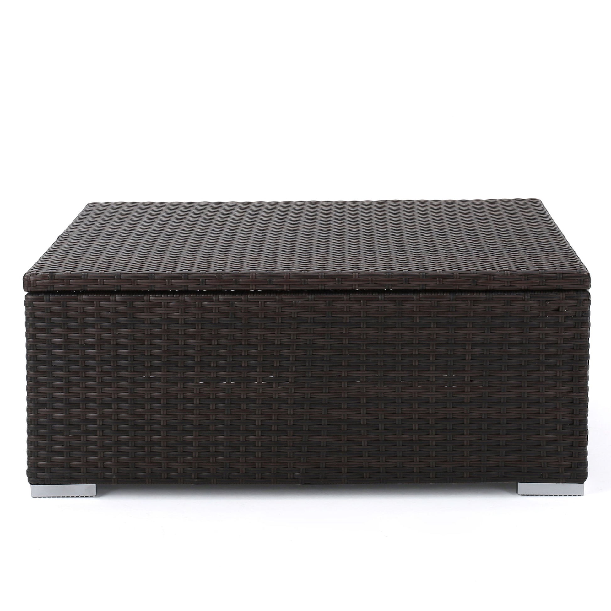 Santa Rosa - Storage Table: A rectangular outdoor coffee table featuring a dark brown woven rattan design, flat top, and short silver legs, shown against a plain white background.