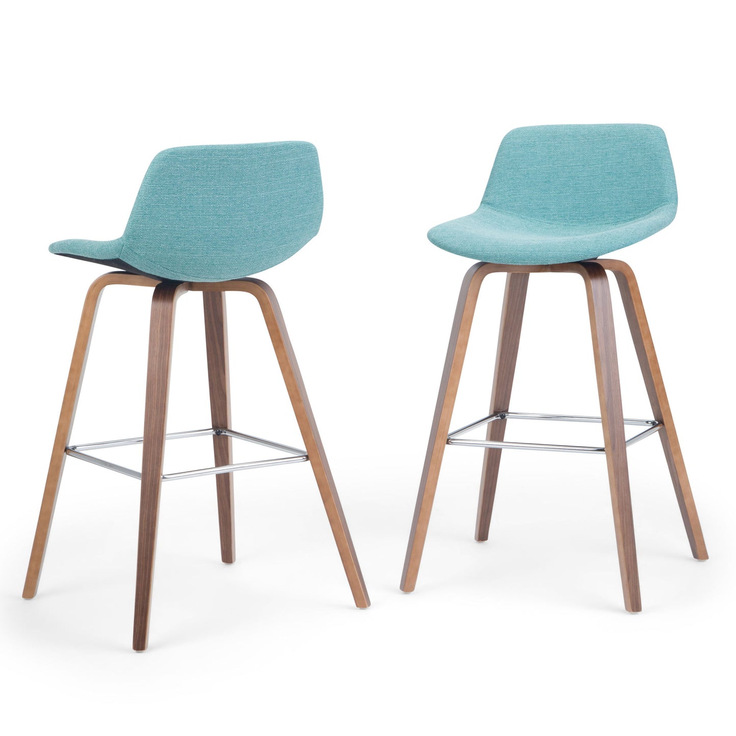 The Randolph Bentwood Counter/Bar Height Stool set includes two modern stools with light turquoise upholstered seats, curved backs, four wooden legs, and a metal footrest, shown from multiple angles on a white background.