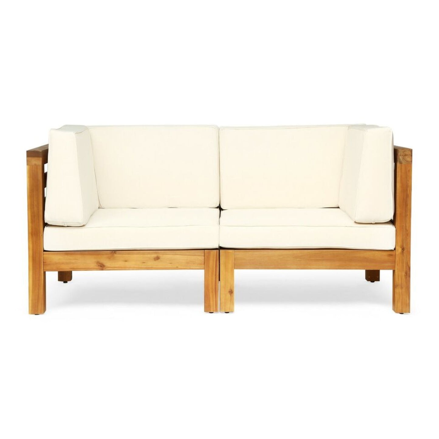 The Oana 2 Piece Loveseat Set features a modern wooden frame, boxy armrests, and light-colored water-resistant cushions, all set against a white background.