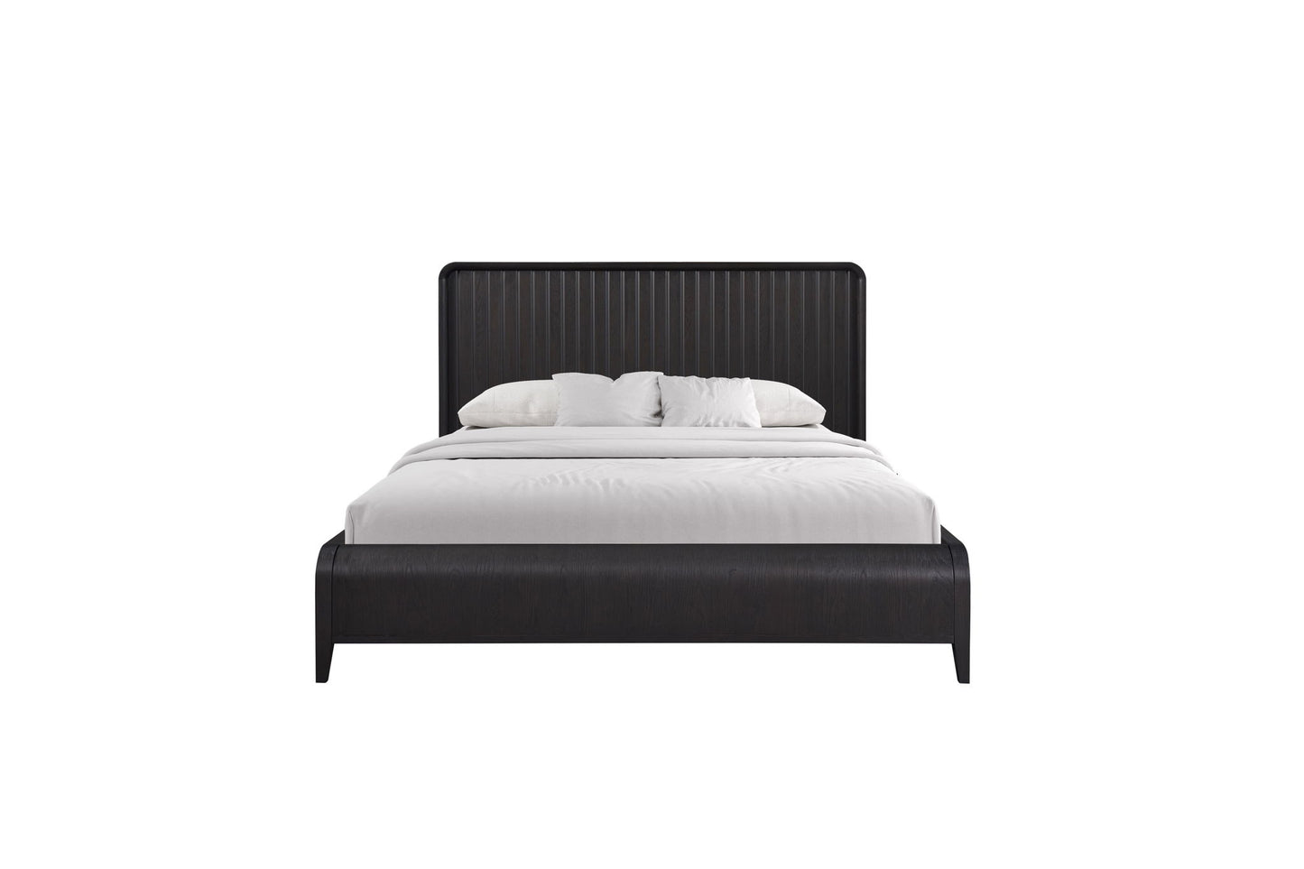 The Waterfall Panel Bed features a dark wooden frame and a vertical slat headboard, styled with crisp white bedding and two white pillows, set against a plain white background.