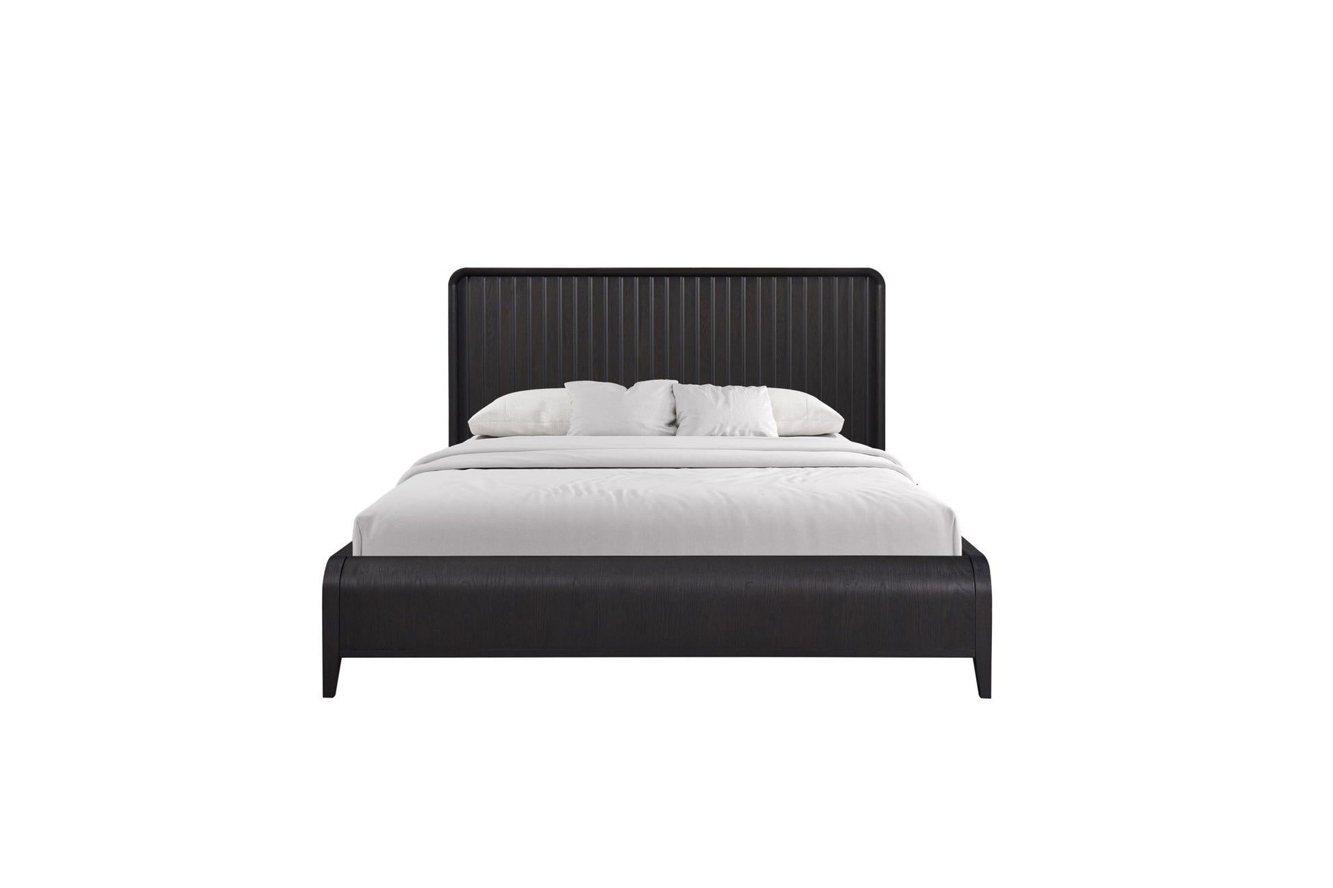 The Waterfall Panel Bed features a dark wooden frame and a vertical slat headboard, styled with crisp white bedding and two white pillows, set against a plain white background.