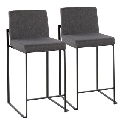 The Fuji Counter Stool offers modern elegance with a high back, dark gray upholstered seat and back, slim black metal legs, and a minimalist rectangular design.