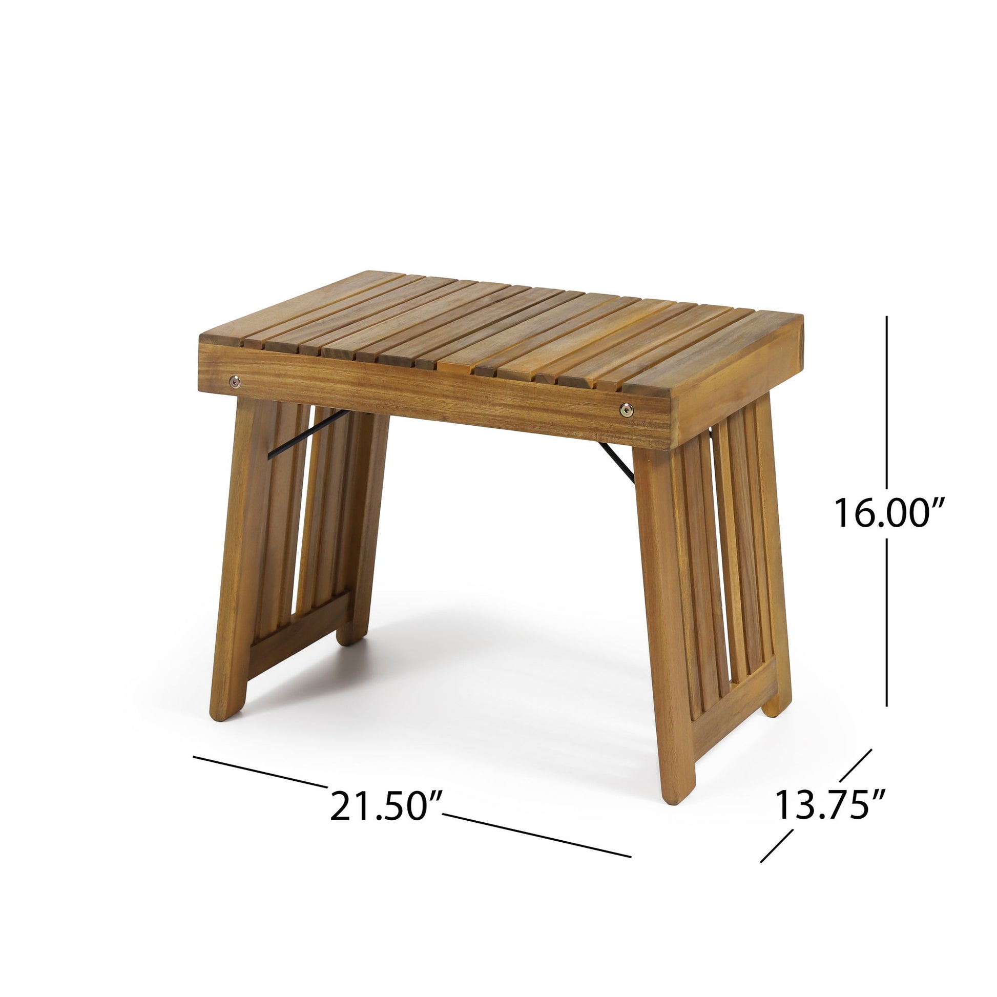 The Temptation Outdoor Foldable Side Table features a slat design and measures 21.5" wide, 13.75" deep, and 16" high.