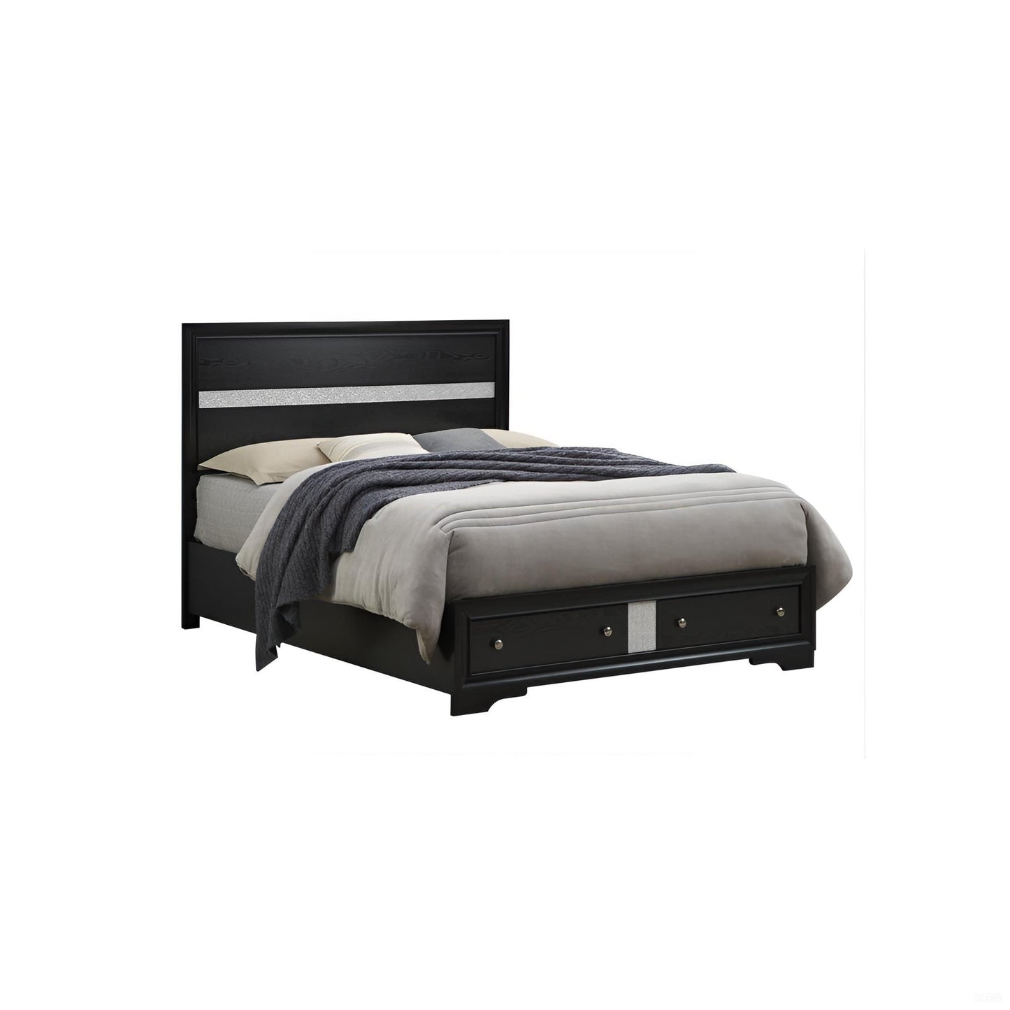 The Madrid Queen Bed in black features a headboard with a horizontal accent stripe, nickel handles, two storage drawers at the foot, and is shown with light gray and beige bedding plus a dark throw blanket.