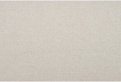 A close-up view of the Elis Wheat 73 Inch Chesterfield Loveseat showcases its light beige fabric featuring a subtle, woven texture. The upholstery appears smooth and uniform, presenting a slightly grainy pattern.