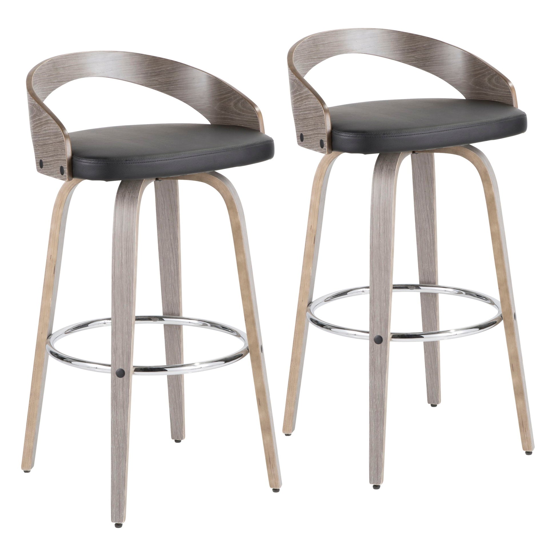 The Grotto Mid-Century Modern Stool set includes two stools with light wood legs, curved low backs, black cushioned seats, and metal footrests, shown against a plain white background.