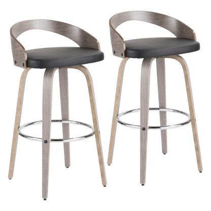 The Grotto Mid-Century Modern Stool set includes two stools with light wood legs, curved low backs, black cushioned seats, and metal footrests, shown against a plain white background.