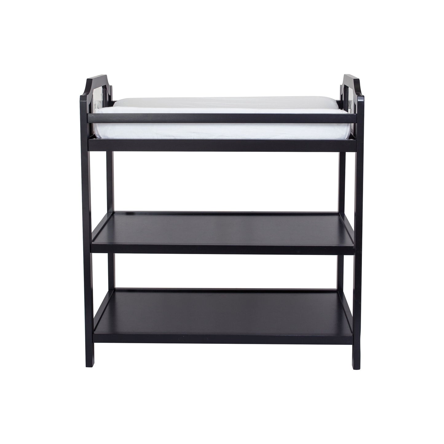 The Celeste - Changing Table is a black wooden unit with two open shelves and a white changing pad on top, displayed against a plain white background.