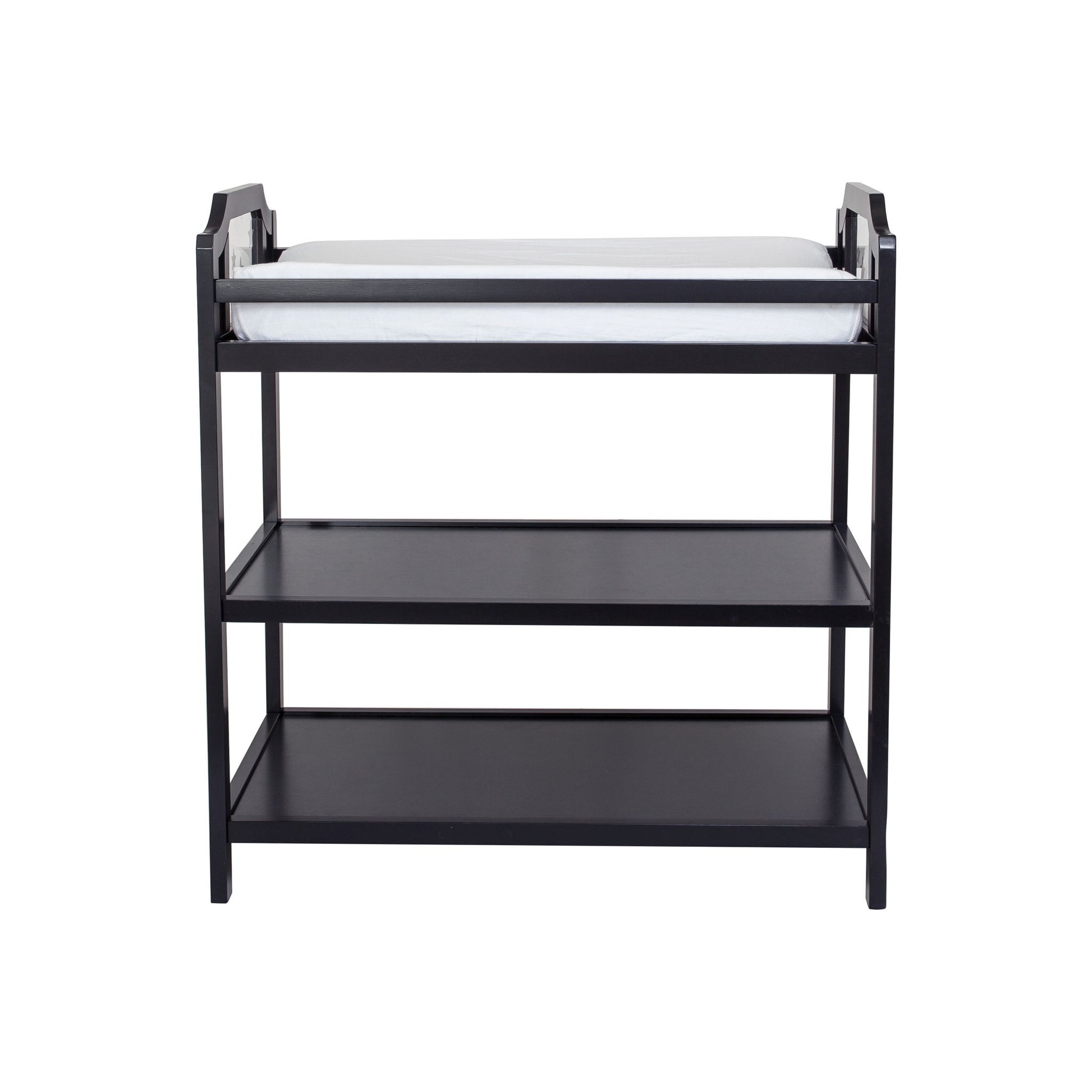 The Celeste - Changing Table is a black wooden unit with two open shelves and a white changing pad on top, displayed against a plain white background.
