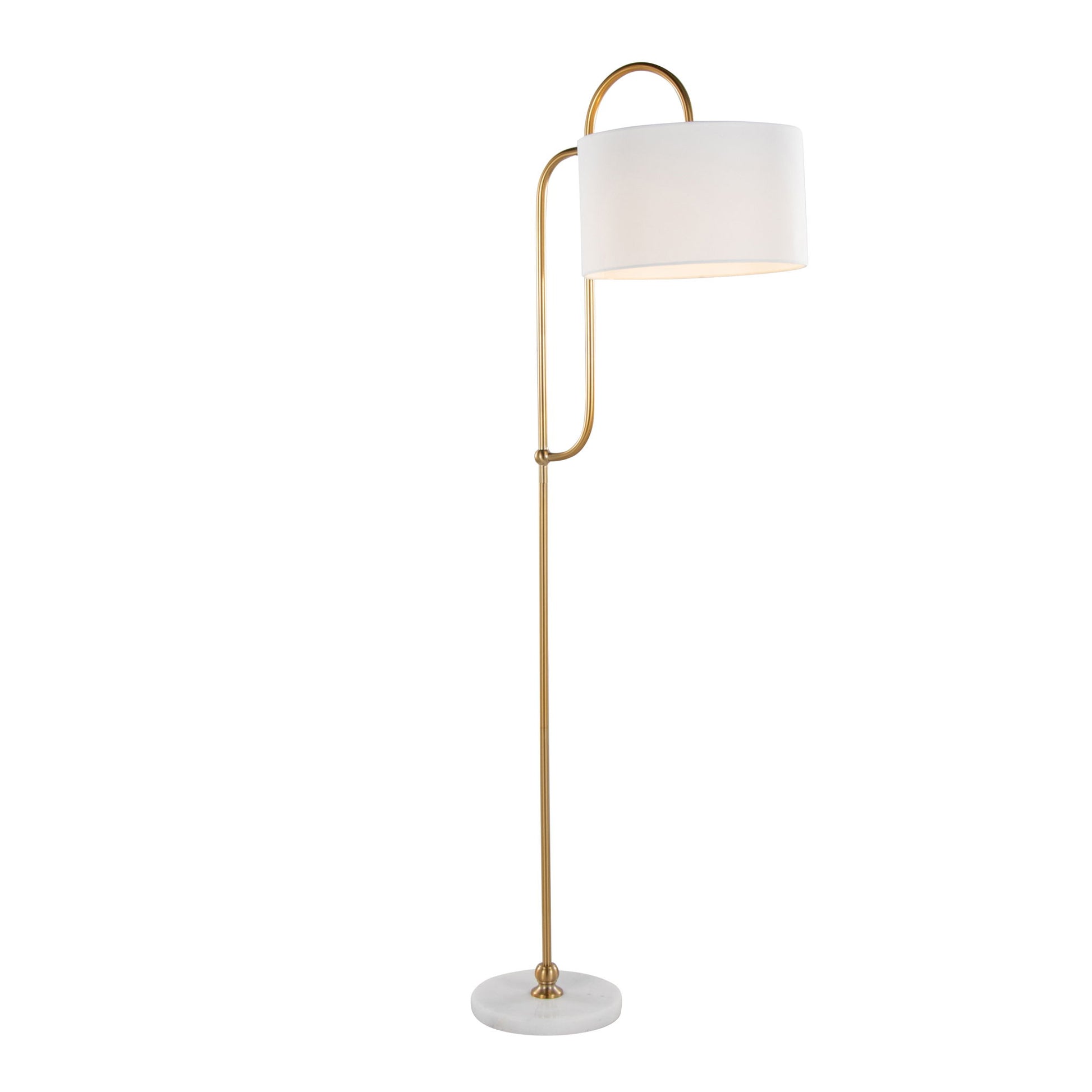 The Leslie Glam / Art Deco Floor Lamp features a slender gold stand, curved arm, round white fabric shade, and a circular white marble base.