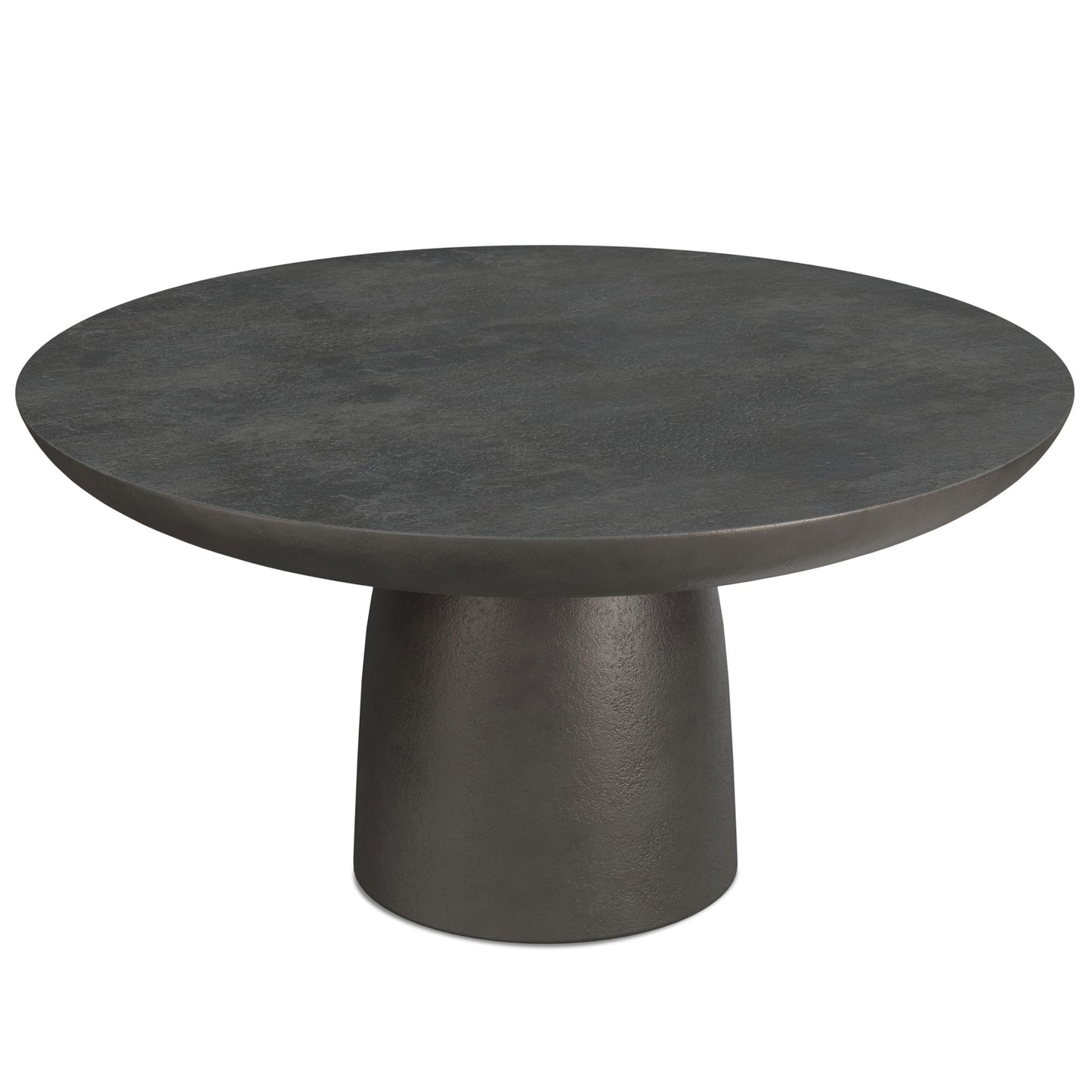 The Alexa Cast Aluminum Coffee Table features a modern round black top with a wide, stone-like surface and a matching cylindrical tapered pedestal base.