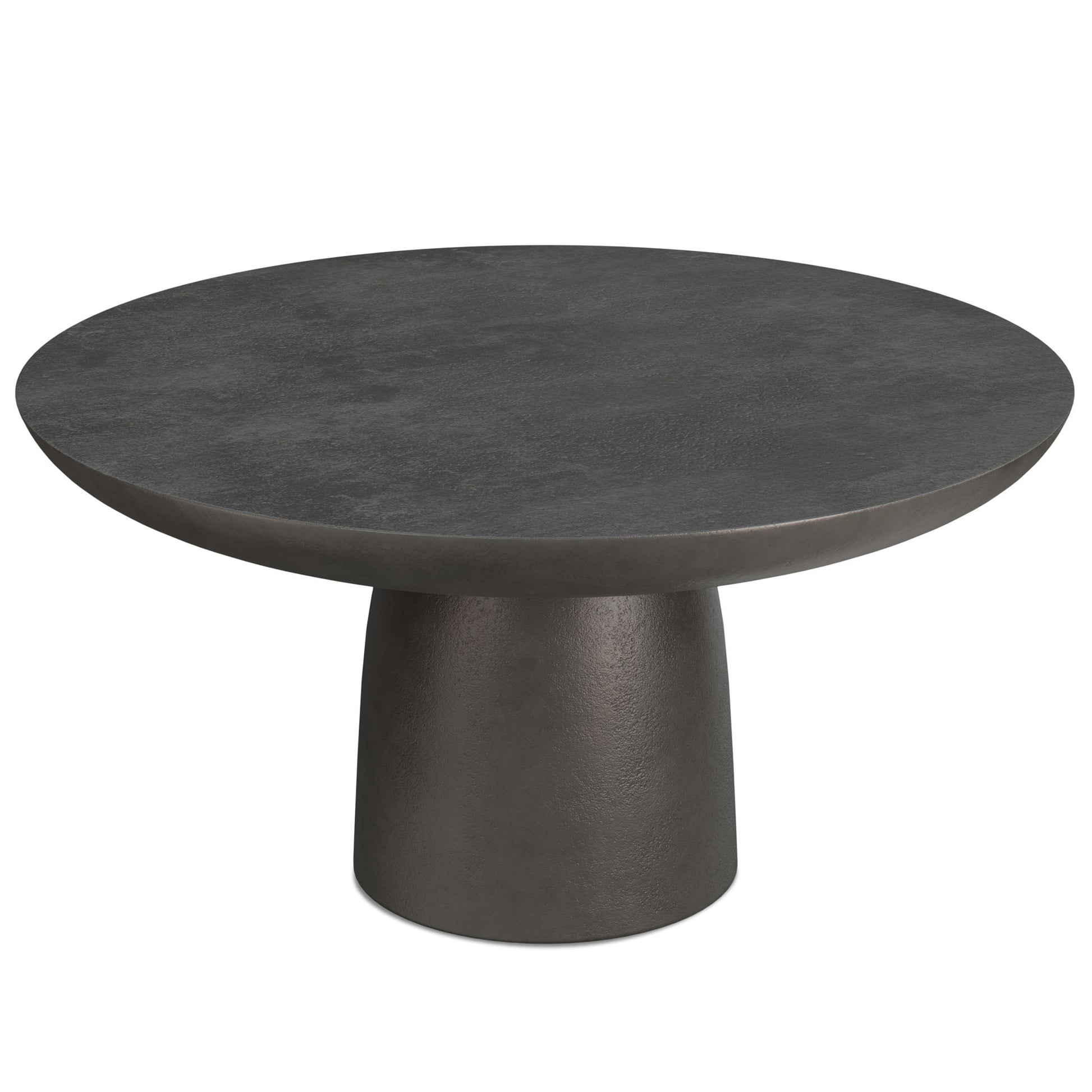 The Alexa Cast Aluminum Coffee Table features a modern round black top with a wide, stone-like surface and a matching cylindrical tapered pedestal base.