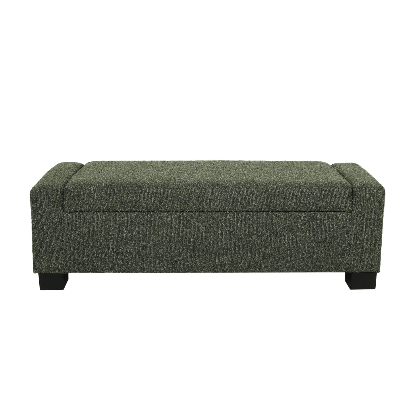 The Textured Fabric Ottoman Bench With Hinged Lid is rectangular, dark green, upholstered, and features short black legs. It’s shown from the front against a white background.