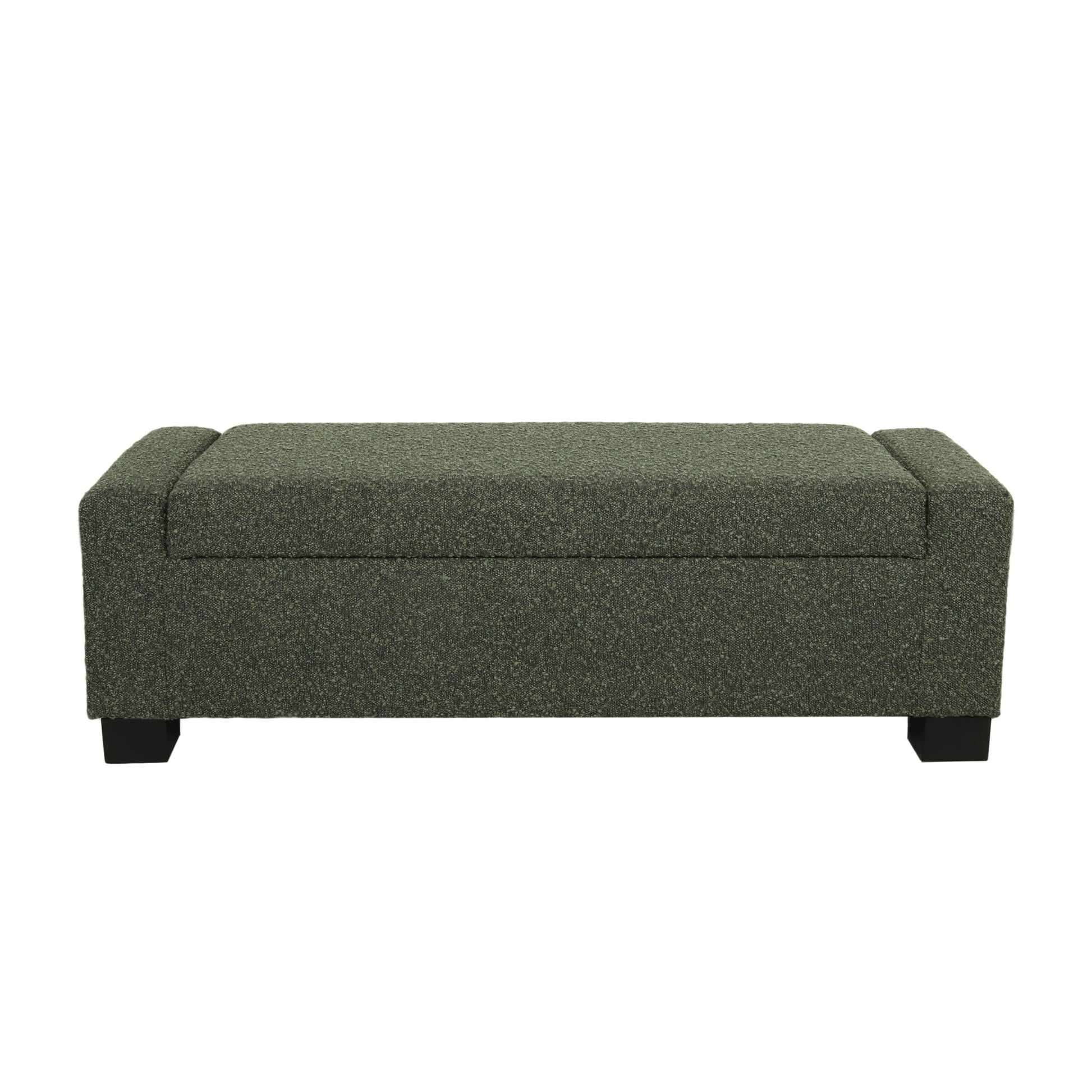 The Textured Fabric Ottoman Bench With Hinged Lid is rectangular, dark green, upholstered, and features short black legs. It’s shown from the front against a white background.