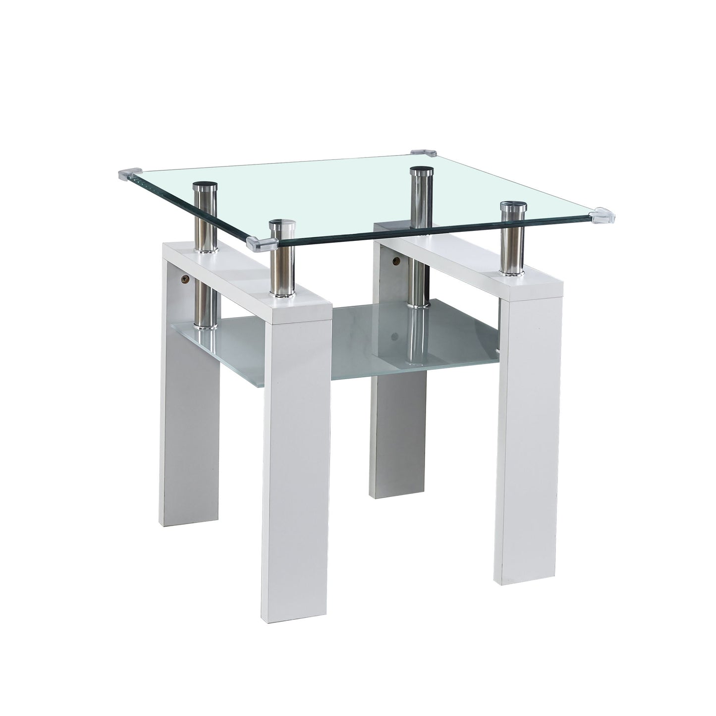The Clear Glass Top Side Table, Modern Design For Home, features a clear glass top, metal cylinders, white rectangular legs, and a lower frosted glass shelf.