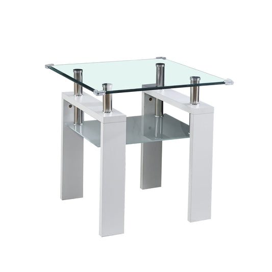 The Clear Glass Top Side Table, Modern Design For Home, features a clear glass top, metal cylinders, white rectangular legs, and a lower frosted glass shelf.