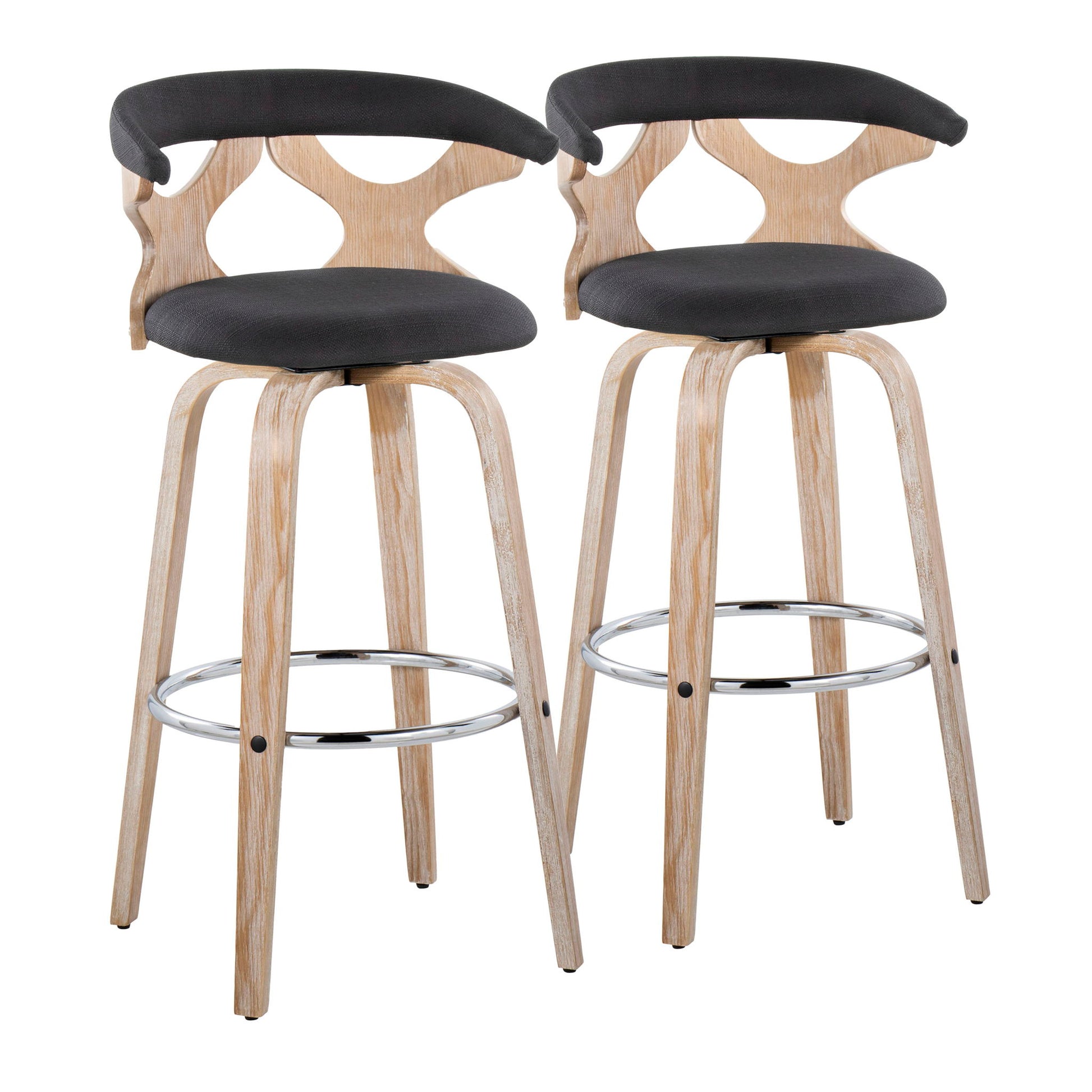 A set of two Gardenia Contemporary Fixed Height Barstools with swivel, light wood legs, round metal footrests, curved wooden backrests, and cushioned black seats are shown side by side against a white background.