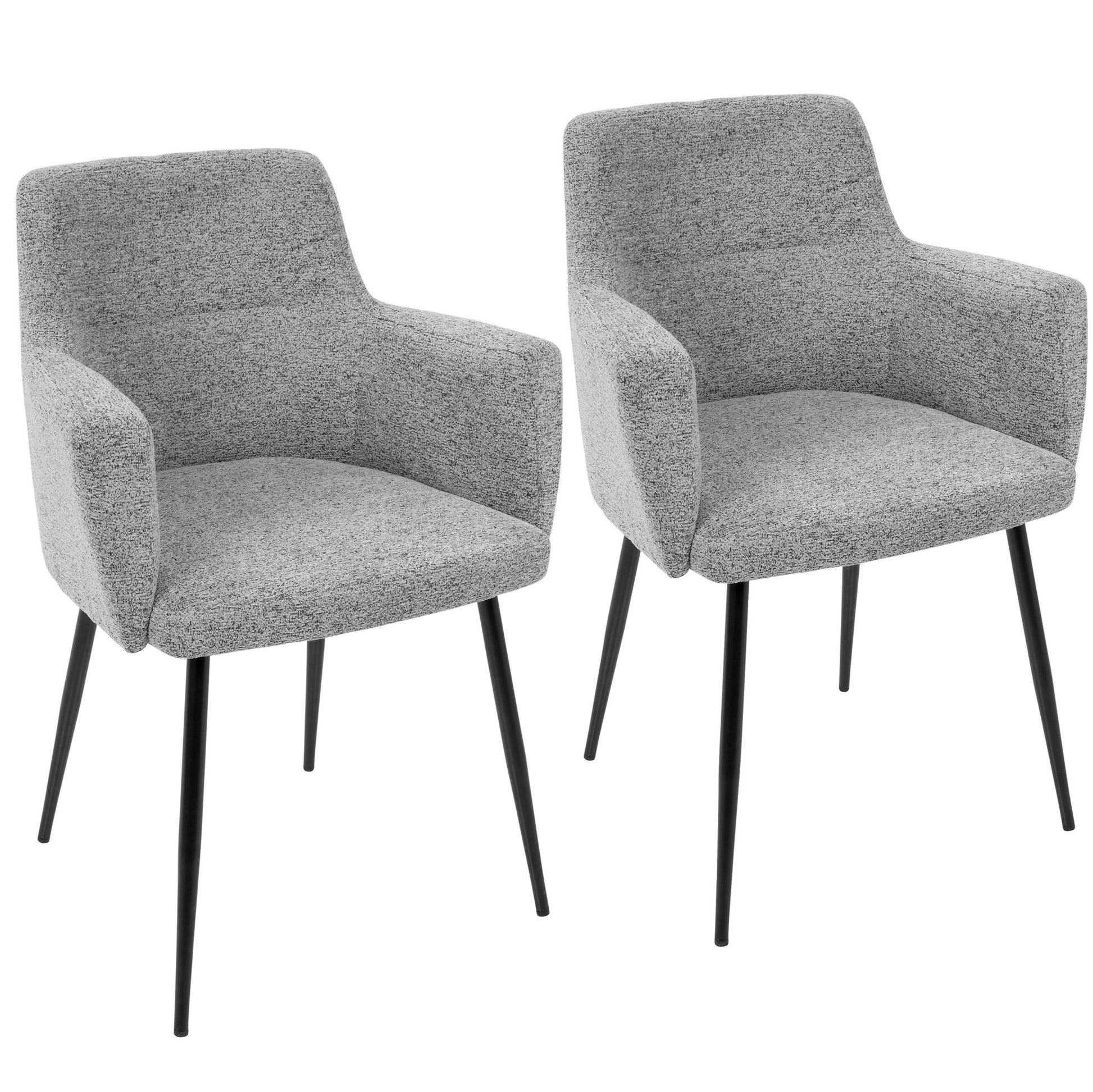 The Andrew Contemporary Dining Chair (Set of 2) features modern gray upholstery, black metal legs, curved armrests, and a slightly angled backrest.