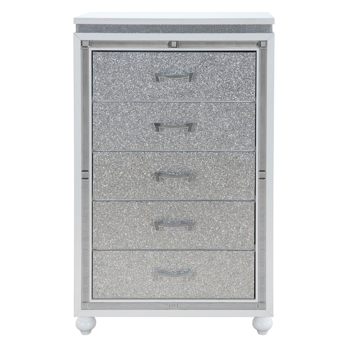 The Couch.com Maloise Chest features a gray wood finish, five storage drawers, and modern silver handles, combining functional storage with a stylish look for any space.