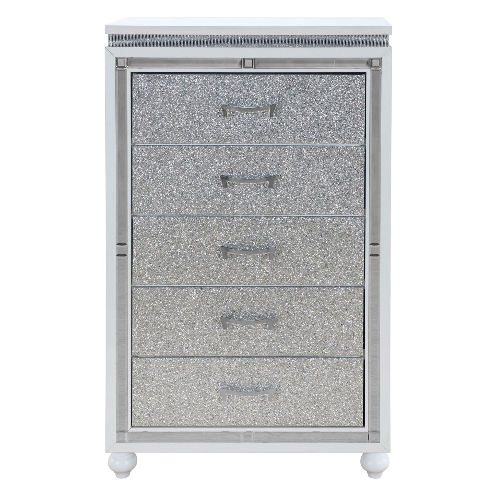 The Couch.com Maloise Chest features a gray wood finish, five storage drawers, and modern silver handles, combining functional storage with a stylish look for any space.