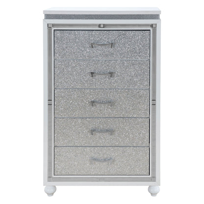 The Couch.com Maloise Chest features a gray wood finish, five storage drawers, and modern silver handles, combining functional storage with a stylish look for any space.