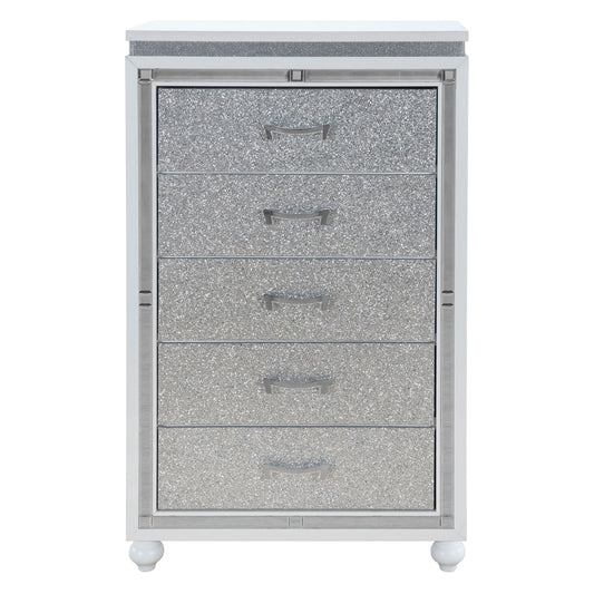 The Couch.com Maloise Chest features a gray wood finish, five storage drawers, and modern silver handles, combining functional storage with a stylish look for any space.