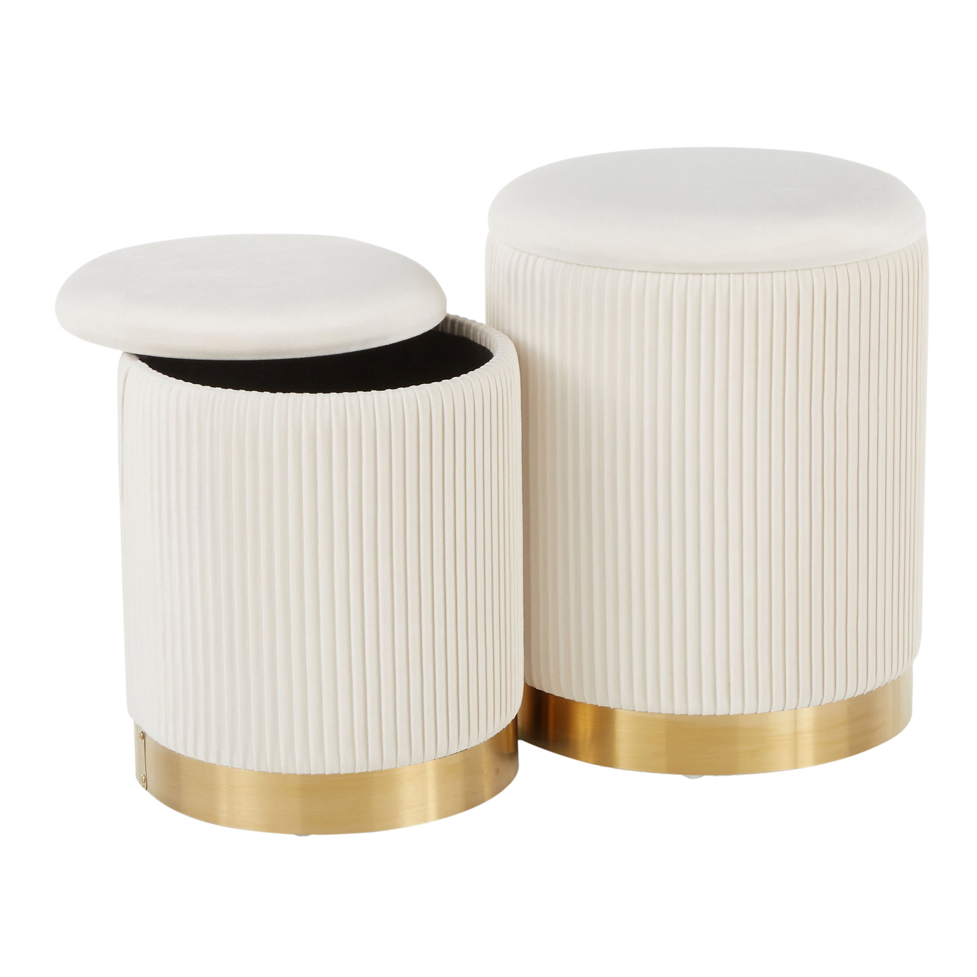 The Marla - Contemporary Nesting Pleated Ottoman Set includes two white, cylindrical storage stools with ribbed sides and golden bases; the smaller stool's lid is open to reveal its hollow interior, while the larger one remains closed.