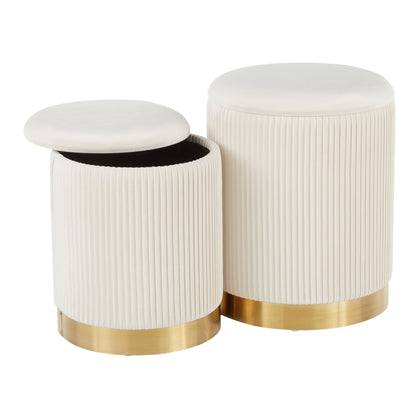 The Marla - Contemporary Nesting Pleated Ottoman Set includes two white, cylindrical storage stools with ribbed sides and golden bases; the smaller stool's lid is open to reveal its hollow interior, while the larger one remains closed.