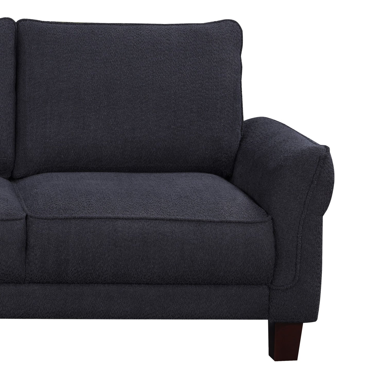 The Belle - Sherpa Sectional Sofa with Left Facing Chaise features dark gray upholstery, plush cushions, an armrest, and dark wooden legs, elegantly showcased from the left side.