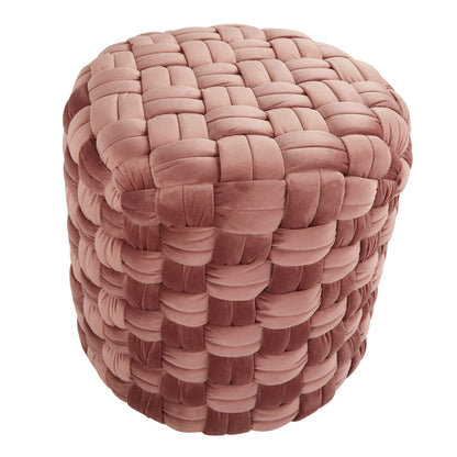 The Braided - Versatile Round Ottoman showcases a chunky, woven velvet texture in blush pink, offering a plush and soft look.
