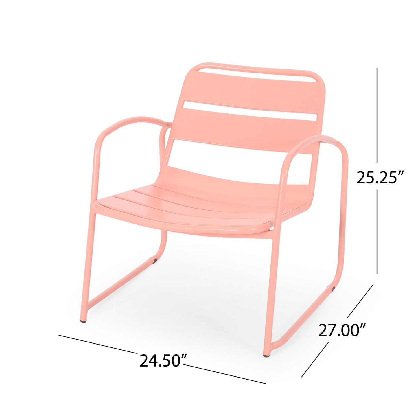 The Conrad - Chair Outdoor Seating is a light pink metal chair with curved armrests and horizontal slats. Its modern, minimalist design measures 25.25" high, 27.00" deep, and 24.50" wide.