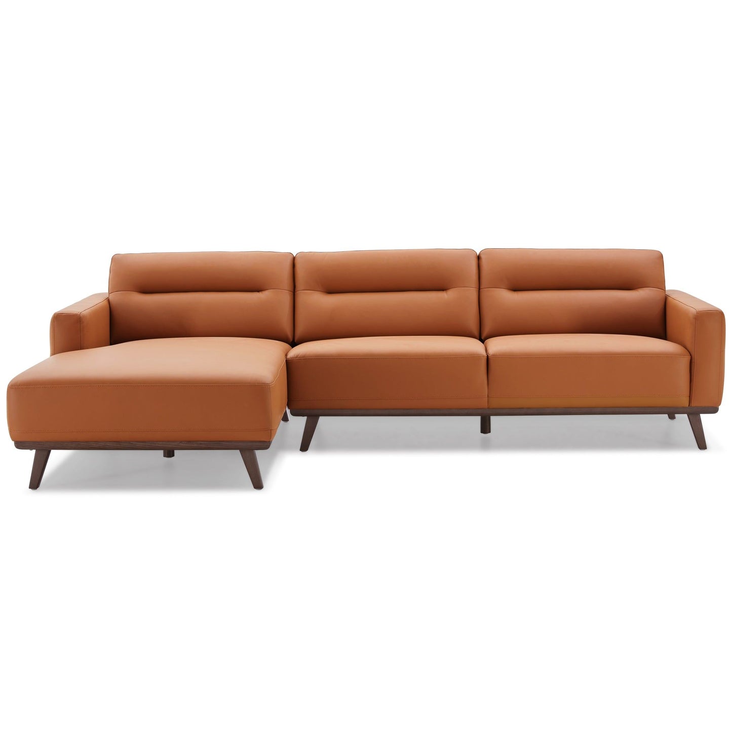The Ella L-Shaped Sectional Couch features modern tan leather, three seat cushions, a left-facing chaise lounge, tufted backrests, and angled wooden legs.