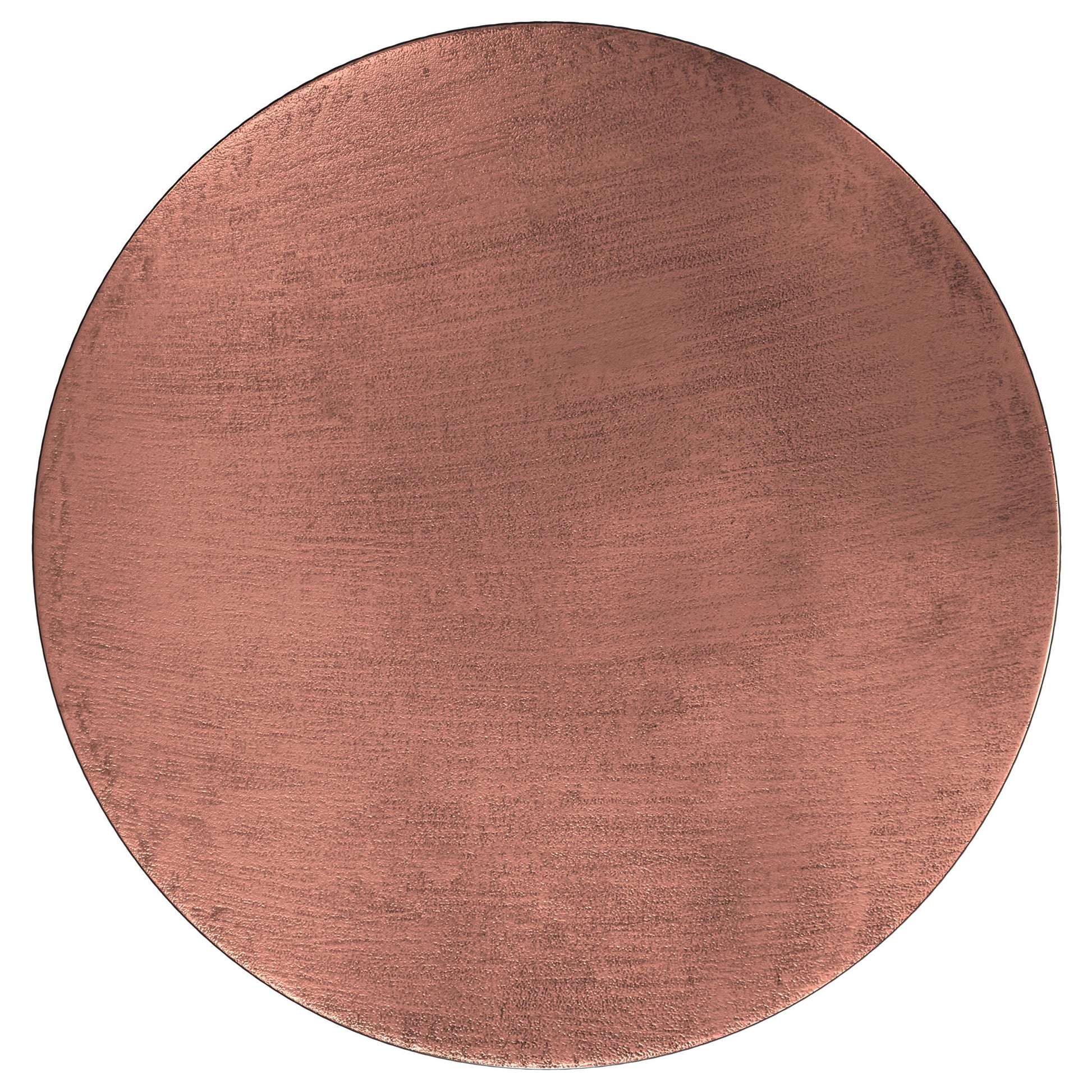 The Johnsen - Handcrafted Metal Coffee Table features a round, flat, copper-colored top with a brushed texture and subtle sheen, shown from above against a plain white background.