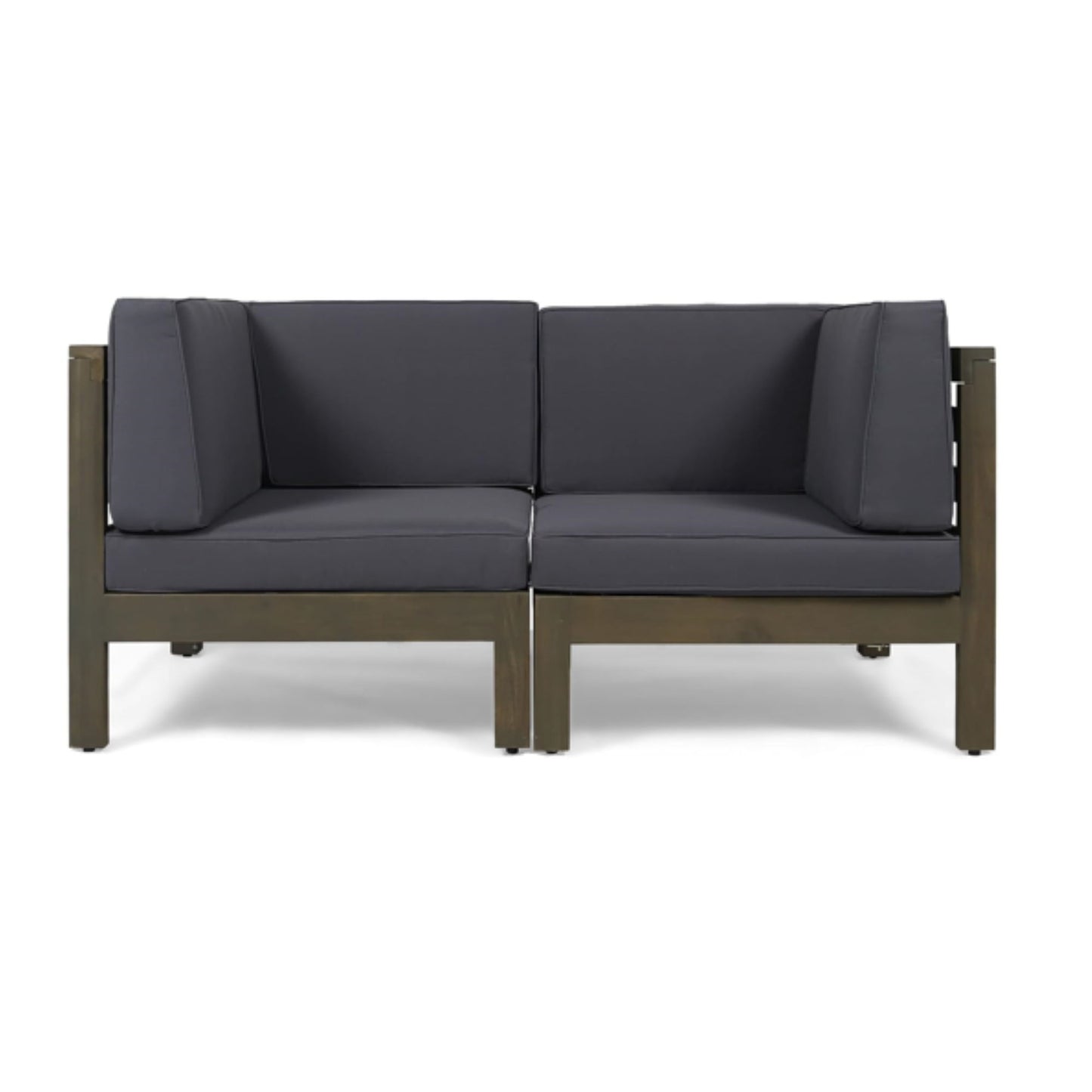 The Oana 2 Piece Loveseat Set features water-resistant dark gray cushions and a simple wooden frame, shown against a white backdrop.