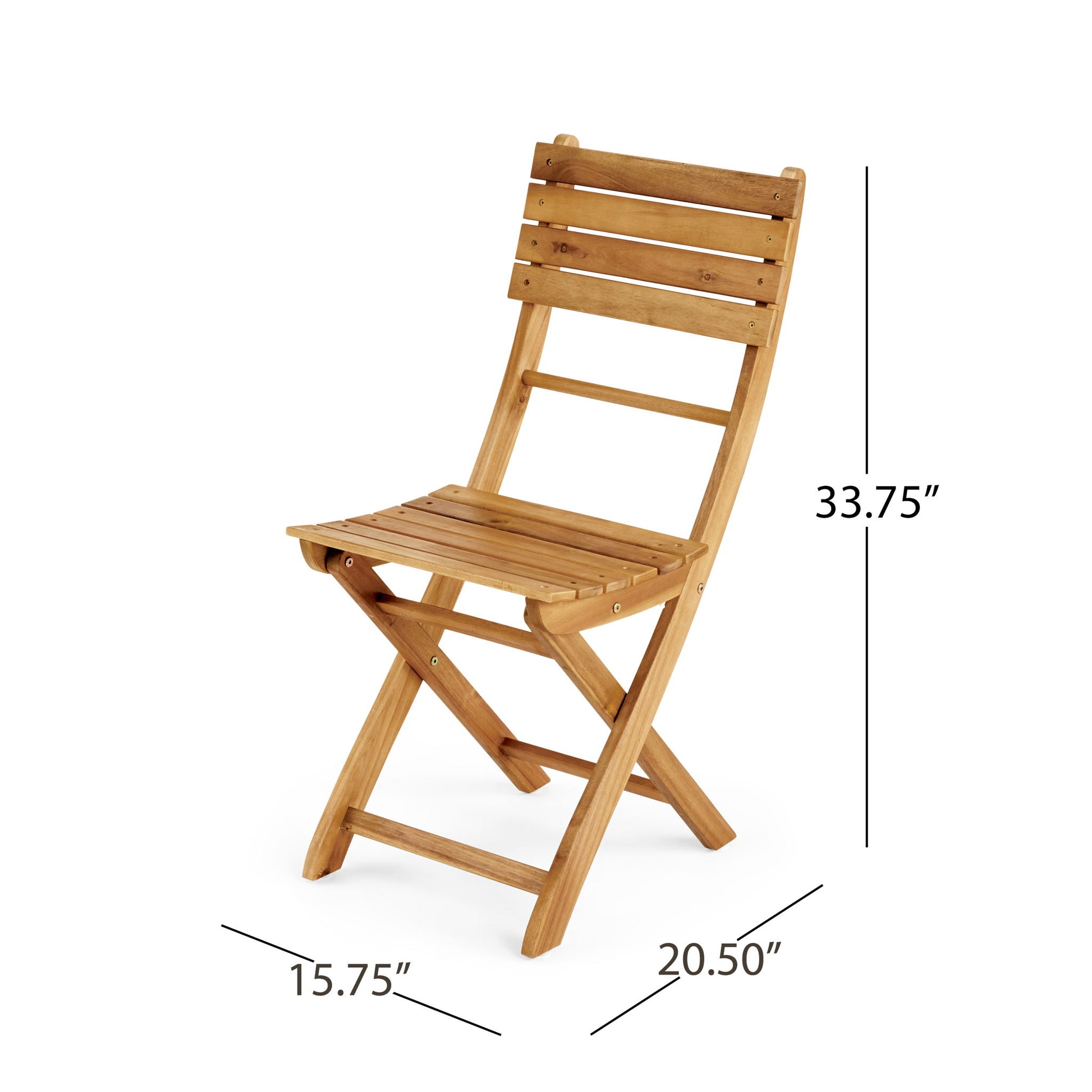 The Outdoor 3 Piece Half Round Folding Bistro Set features a wooden folding chair with a slatted seat and backrest, measuring 33.75" tall, 20.50" deep, and 15.75" wide.