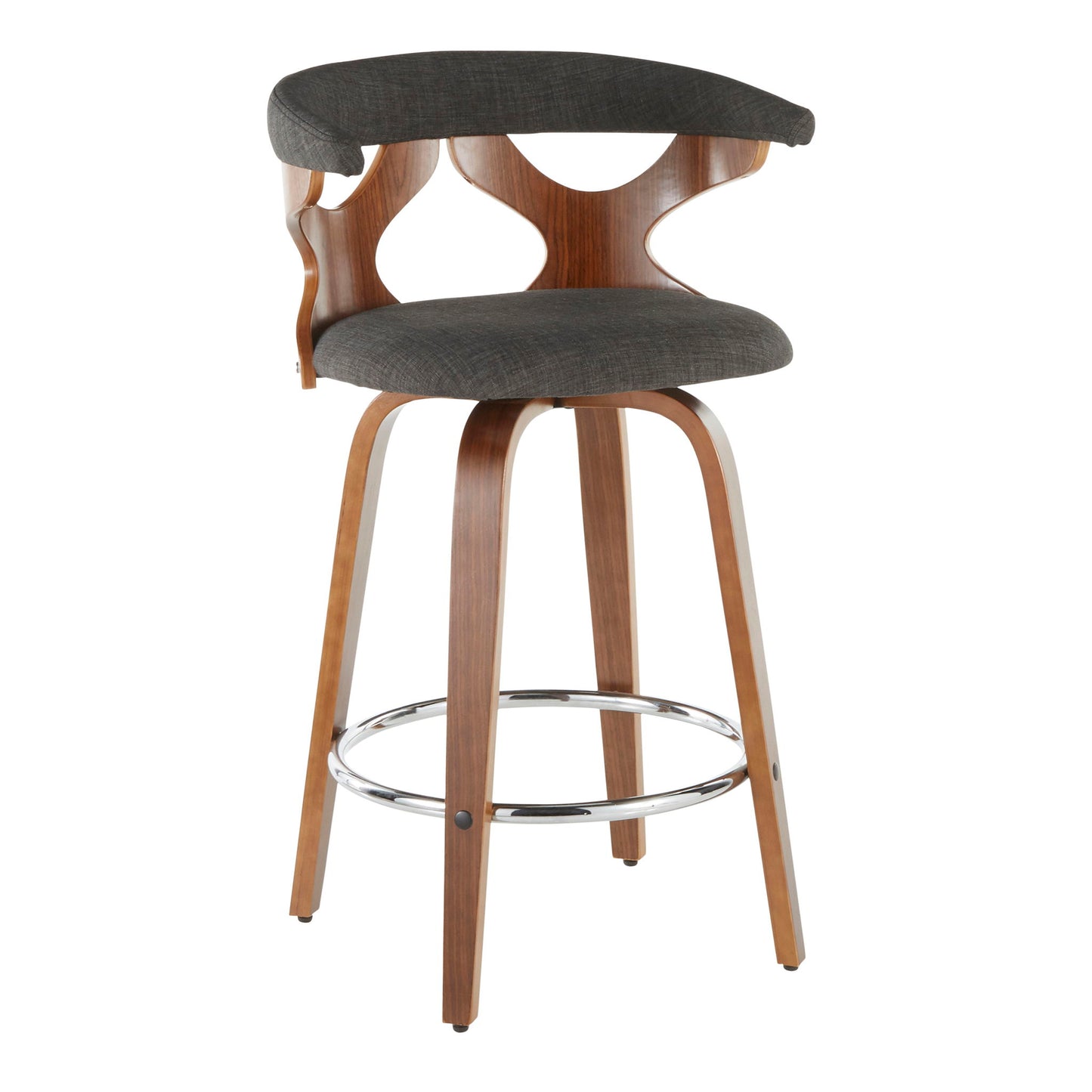 The Gardenia - Mid Century Modern Counter Stool (Set of 2) features a curved dark gray cushioned seat and backrest, wooden legs, an open back design, and a circular chrome footrest.