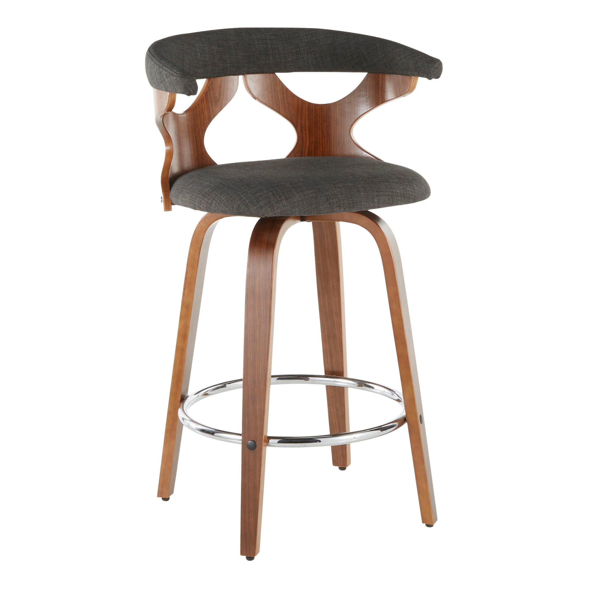 The Gardenia - Mid Century Modern Counter Stool (Set of 2) features a curved dark gray cushioned seat and backrest, wooden legs, an open back design, and a circular chrome footrest.