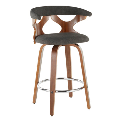 The Gardenia - Mid Century Modern Counter Stool (Set of 2) features a curved dark gray cushioned seat and backrest, wooden legs, an open back design, and a circular chrome footrest.