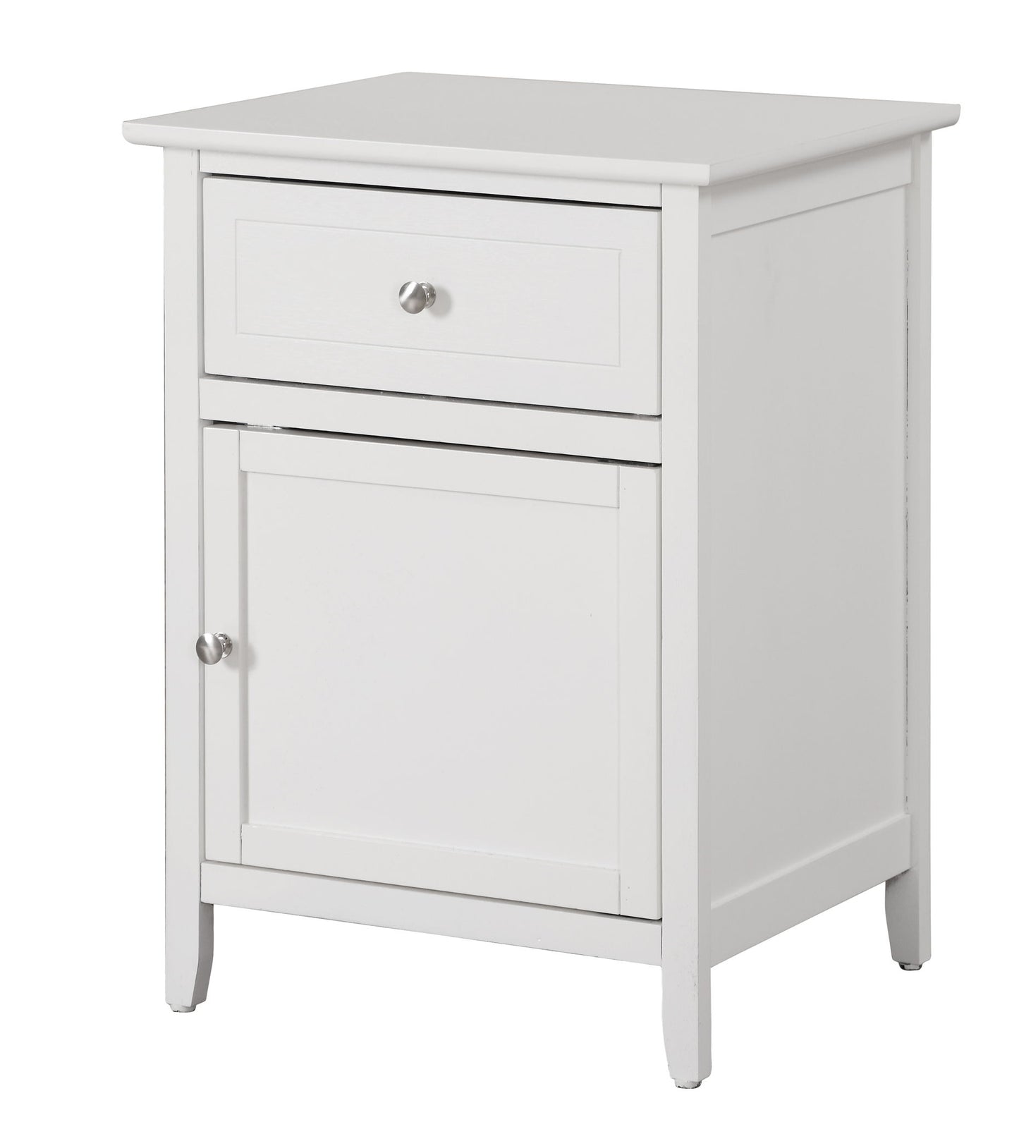 The Izzy - 1 Drawer / 1 Door Nightstand features a white wooden finish, single top drawer, lower cabinet door, and round metal knobs. Its simple, modern design is highlighted by clean lines.