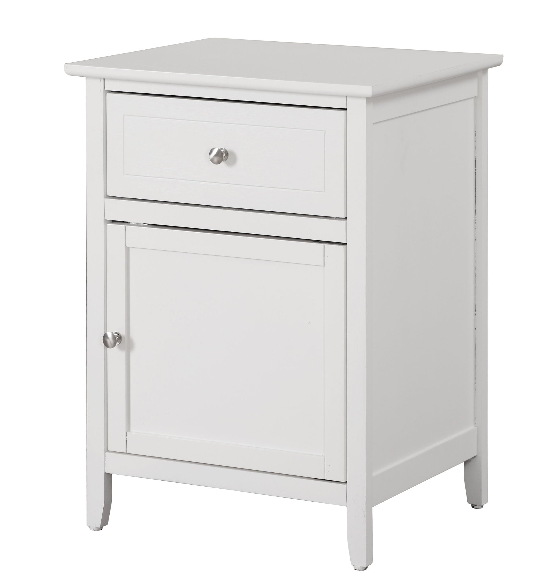 The Izzy - 1 Drawer / 1 Door Nightstand features a white wooden finish, single top drawer, lower cabinet door, and round metal knobs. Its simple, modern design is highlighted by clean lines.