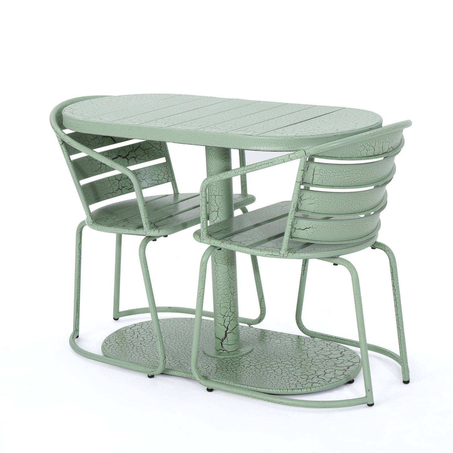 The 3 Piece Elegant Outdoor Bistro Set features a mint green, textured metal finish and includes two matching chairs that slide under the oval table for a compact, integrated look.