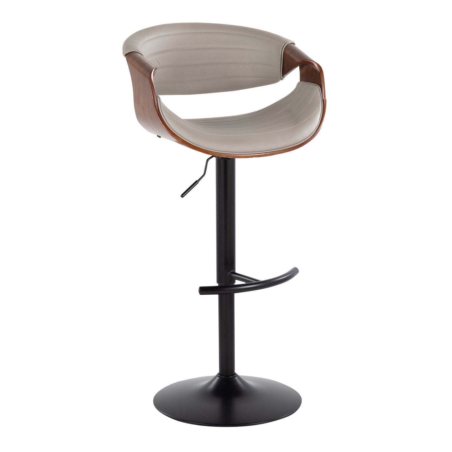 The Symphony set includes two barstools featuring a sleek, contemporary design with light gray cushioned seats, wooden backrests, black metal bases, and rounded T footrests.