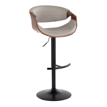 The Symphony set includes two barstools featuring a sleek, contemporary design with light gray cushioned seats, wooden backrests, black metal bases, and rounded T footrests.